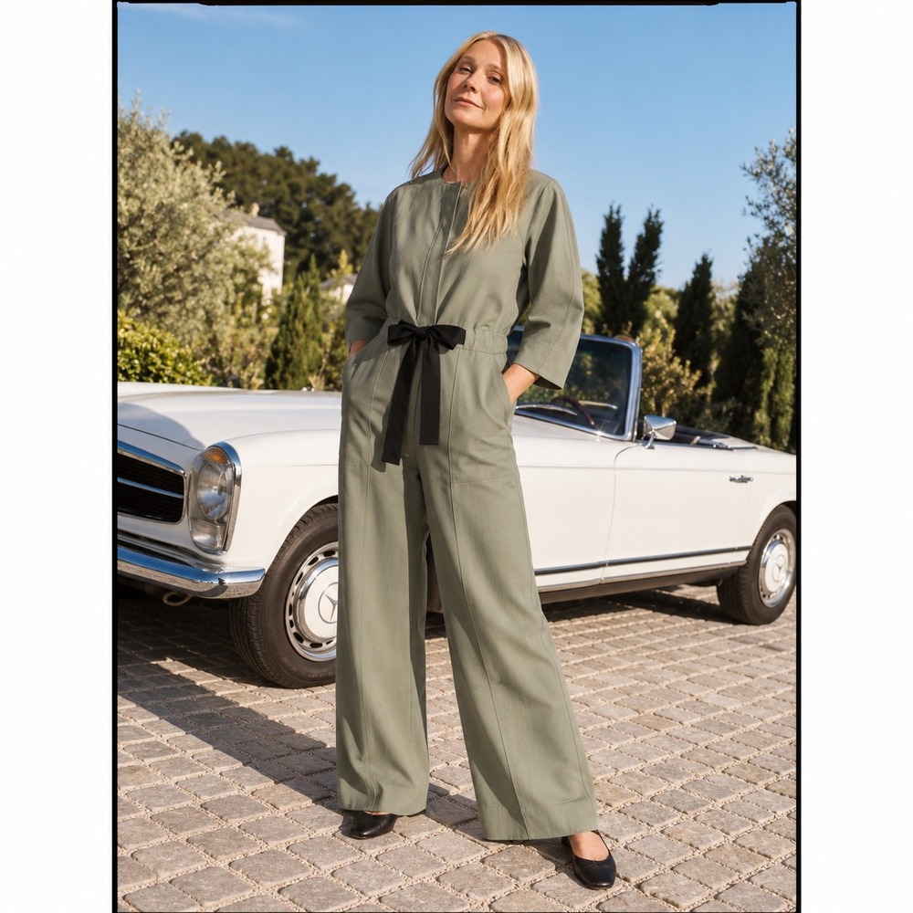 G. Label by goop Joseph Round-Sleeve Jumpsuit Green Cotton Linen Wide Leg 8